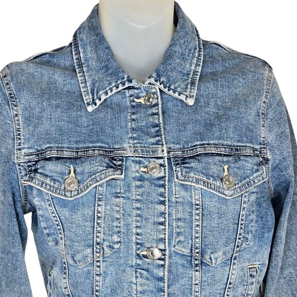 Mango MNG Womens Denim Jacket Large Trucker Style Metal Buttons Retro Coat - Picture 3 of 9
